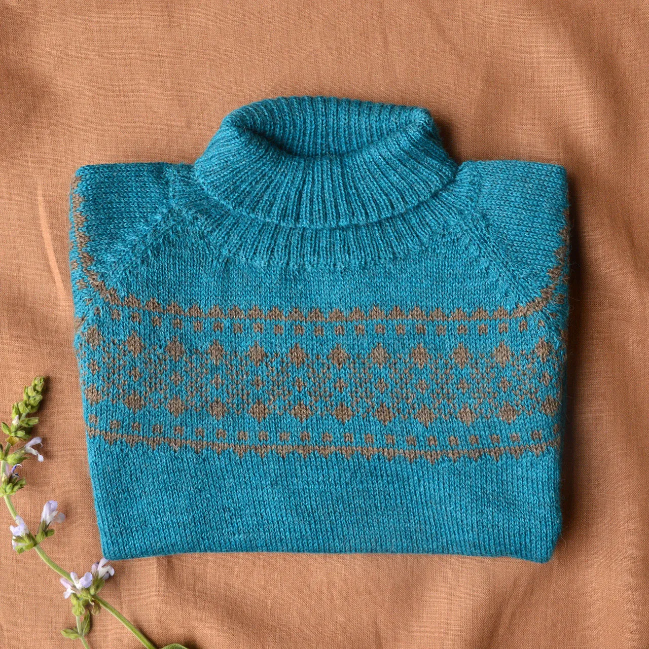 Alpine High Neck Sweater - 100% Baby Alpaca - Turquoise (18m-8y)