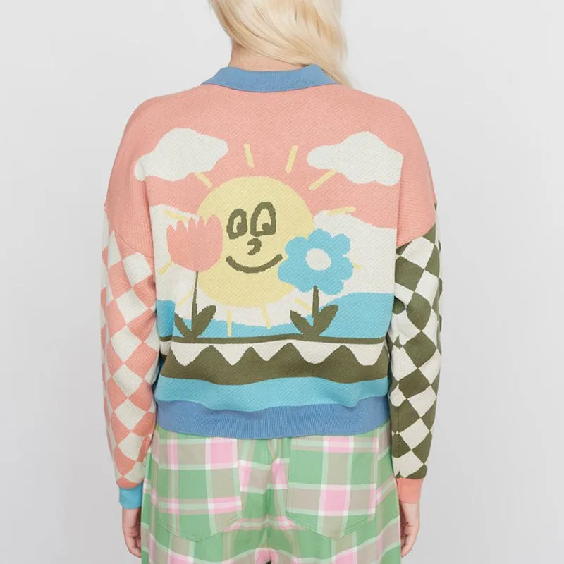 Cartoon Contrast Color Splicing Cropped Knitted Sweater Wholesale Cardigan