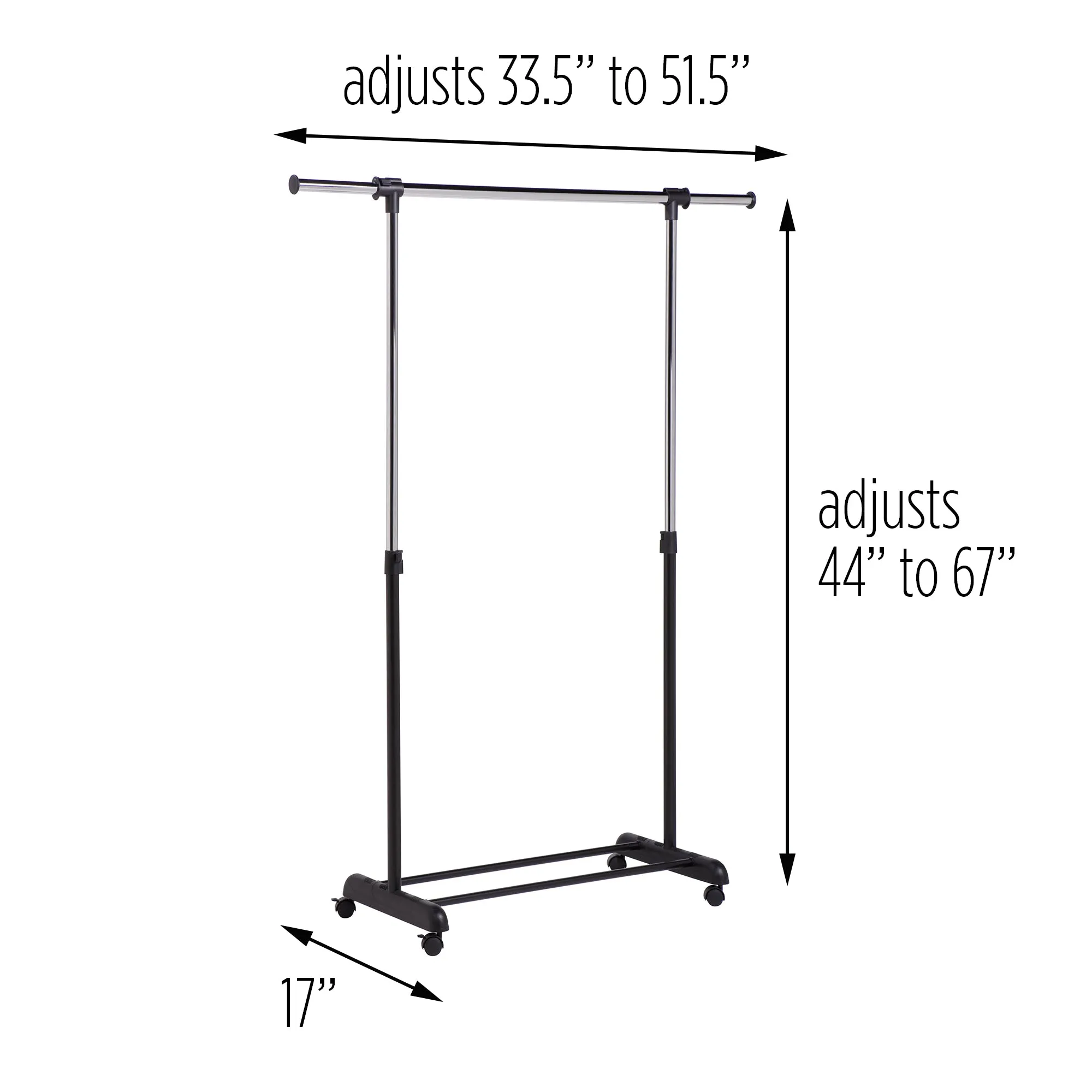 Chrome Adjustable Height and Width Rolling Metal Clothes Rack