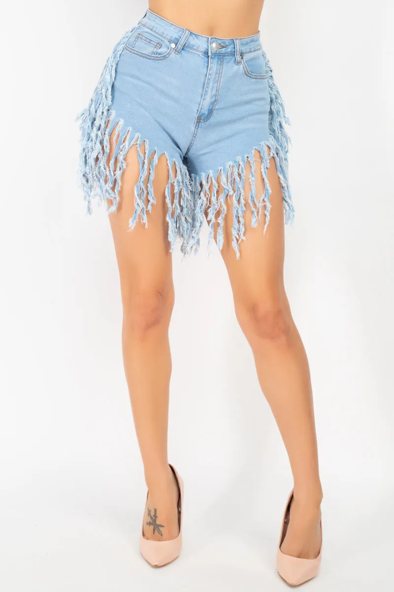 Fringe Hem Denim Shorts - Ships from The US