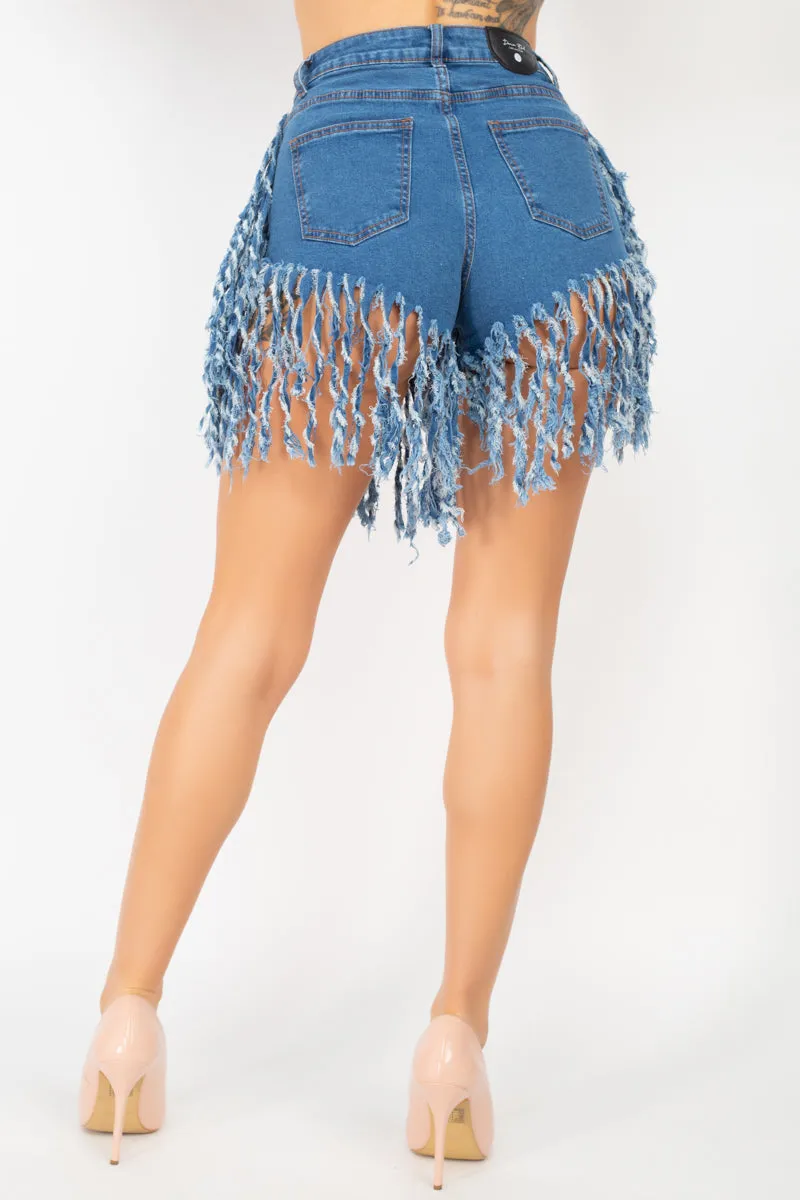 Fringe Hem Denim Shorts - Ships from The US