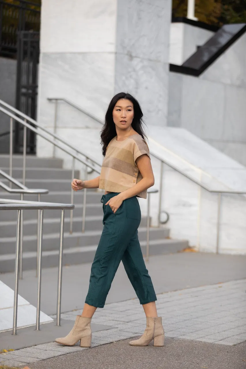 Katie Handwoven Cotton Crop in Beige Stripe - XS Set and Pants, L and XL Shirt