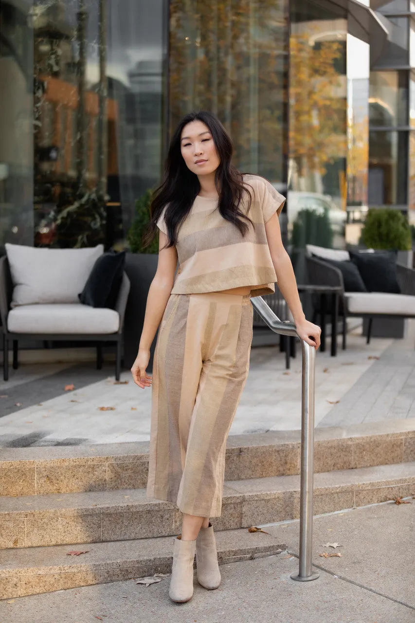 Katie Handwoven Cotton Crop in Beige Stripe - XS Set and Pants, L and XL Shirt