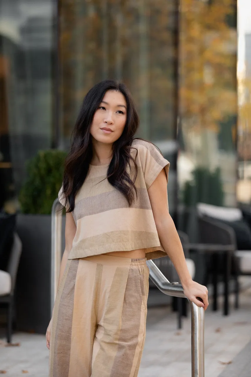 Katie Handwoven Cotton Crop in Beige Stripe - XS Set and Pants, L and XL Shirt