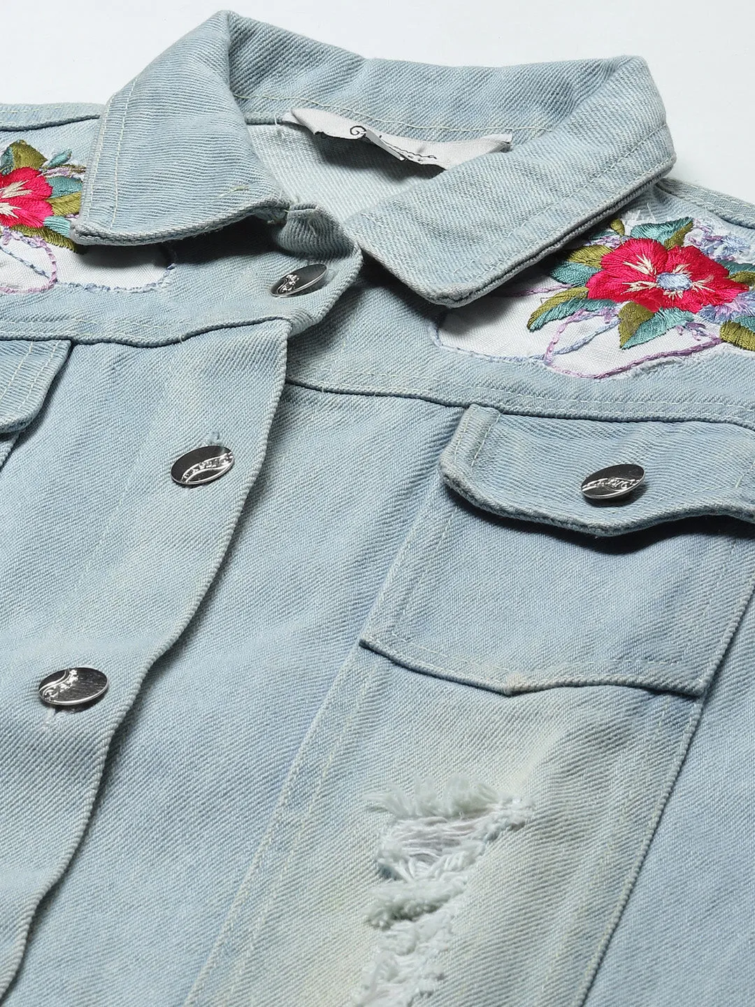 Light Blue Front Open Embroidered Jacket