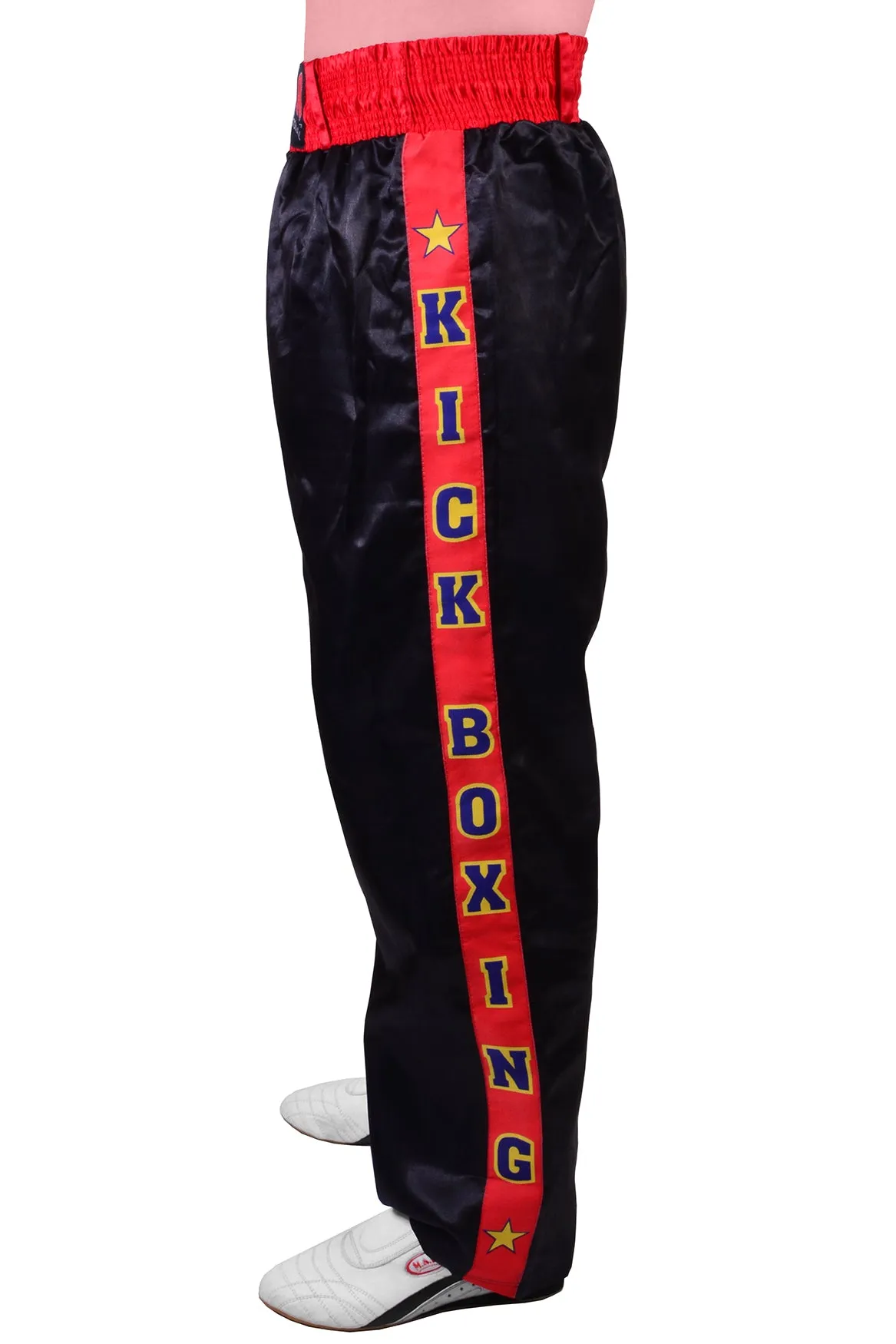 MAR-087B | Black & Red Kickboxing Trousers w/ Embroidered Writing