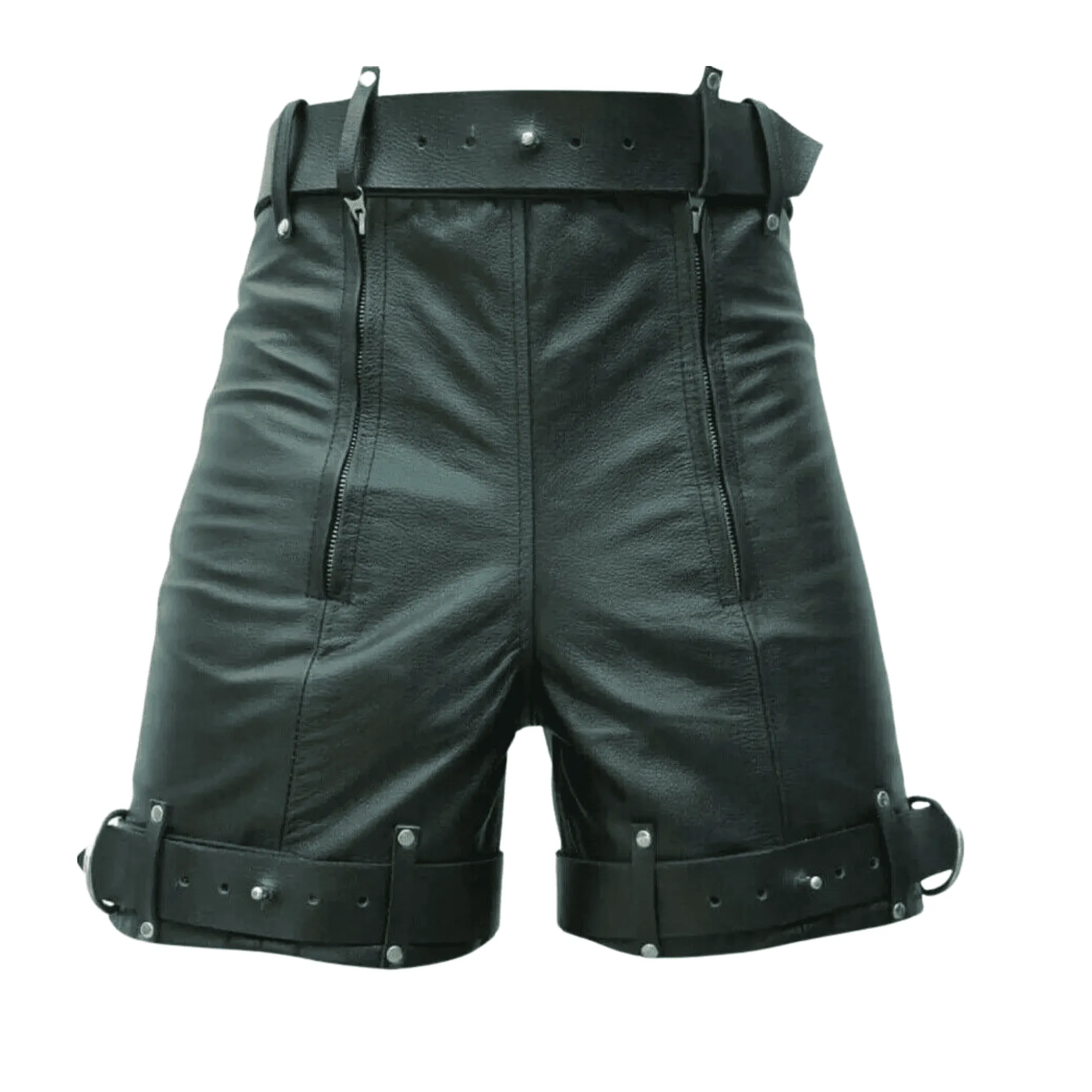 Mens Black Leather Chastity Bondage Shorts