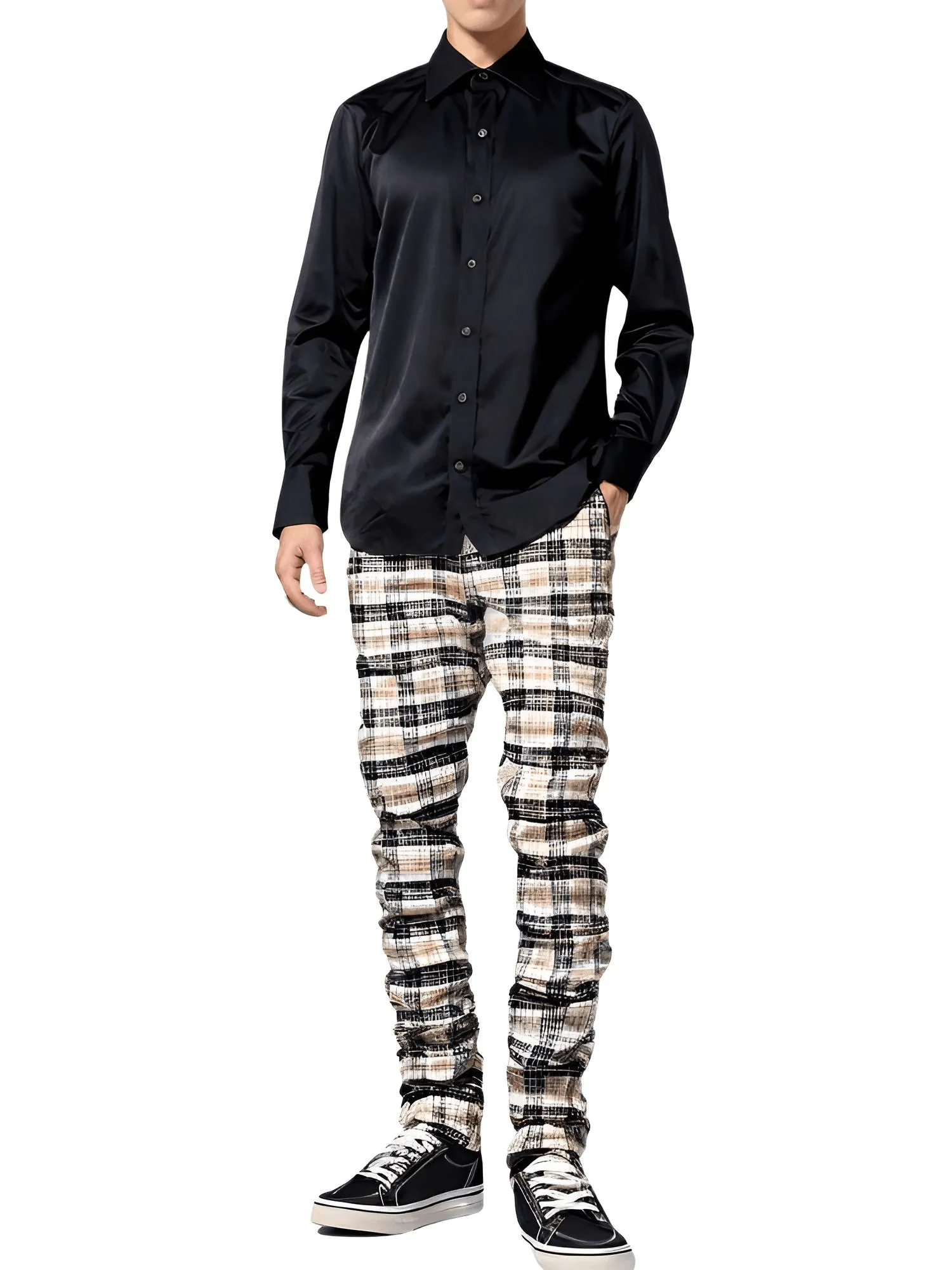 Men's Casual Plaid Pants High Stretch Straight Leg Trousers Slim Fit