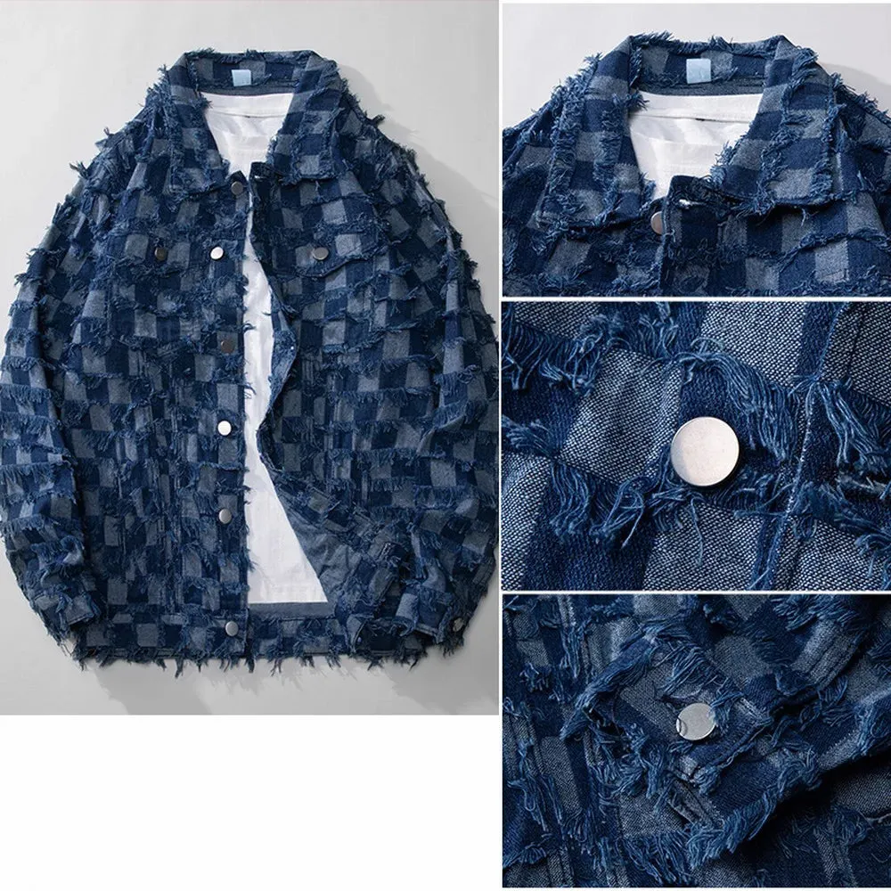 Men's Retro Blue Plaid Tassel Denim Jacket