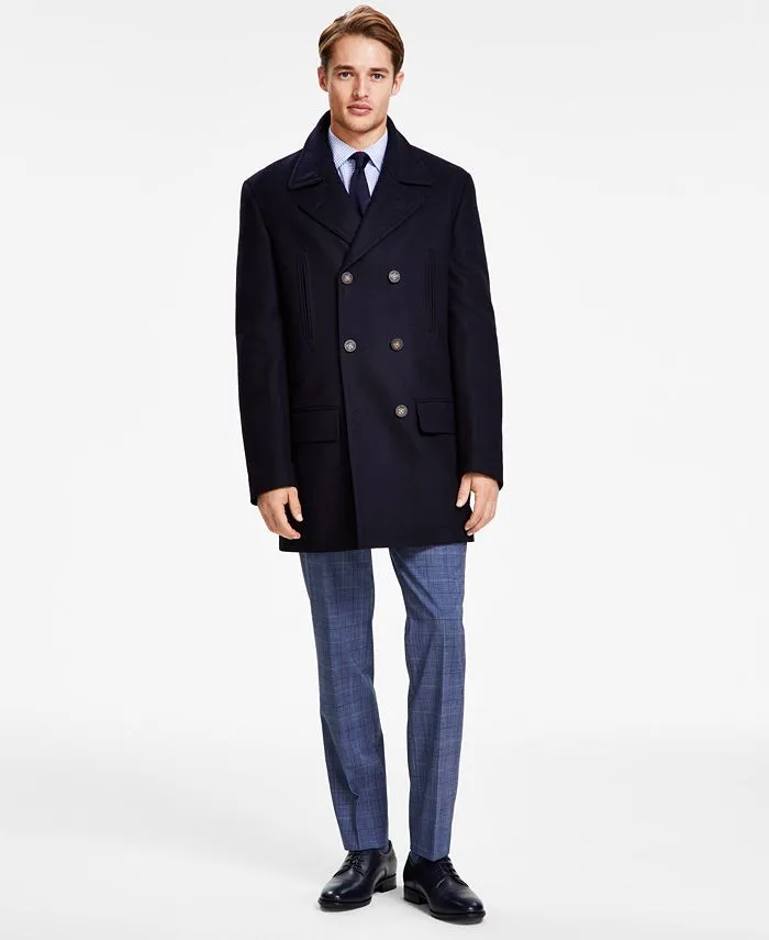 Michael Kors Men's Classic Fit Double Breasted Wool Blend Pea Coats, Blue