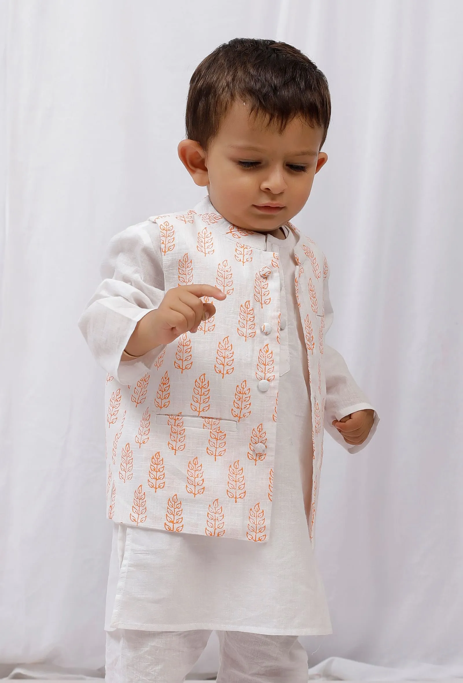 Orange Block Printed Floral Nehru Jacket