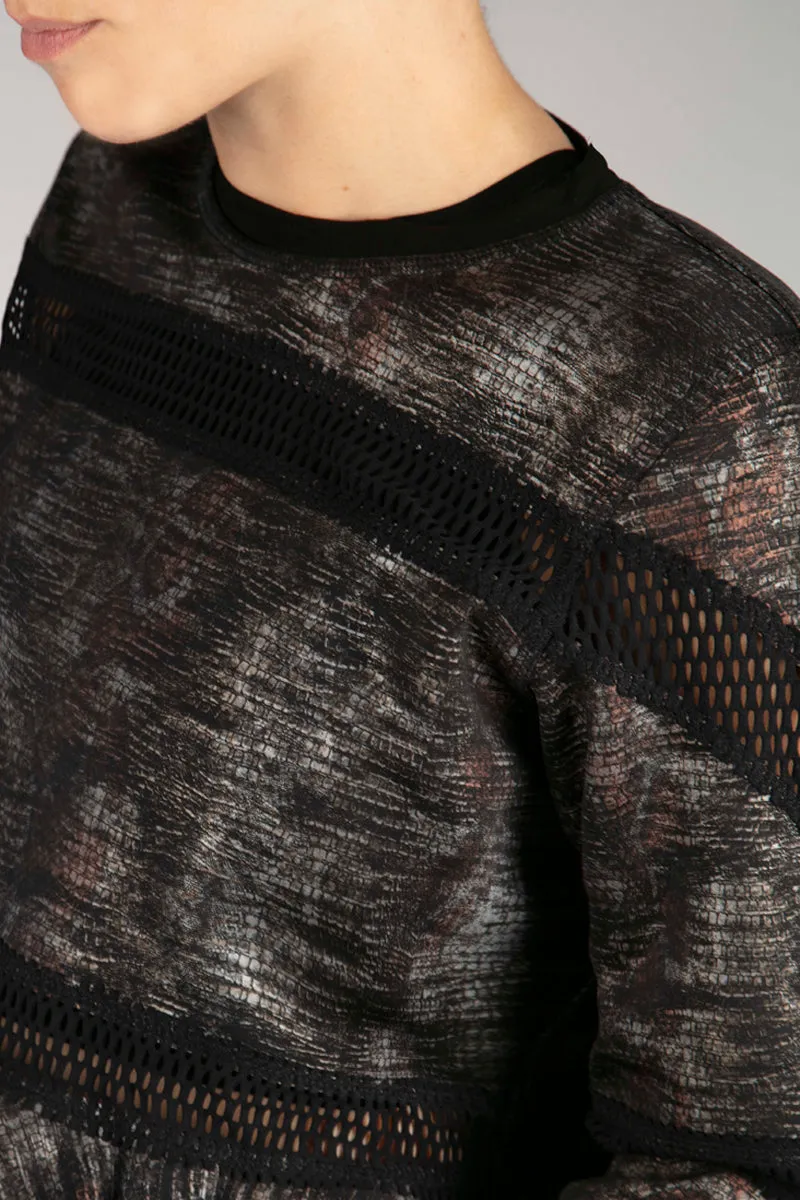 Reversible Cropped Sweatshirt with Frill Hem Grey-Snakeskin