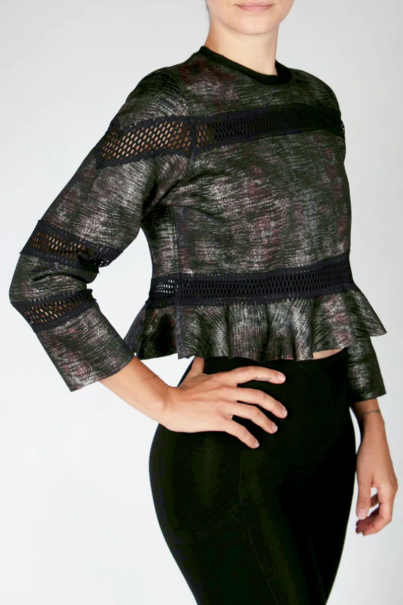 Reversible Cropped Sweatshirt with Frill Hem Grey-Snakeskin