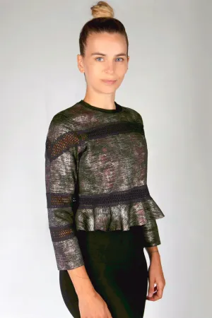 Reversible Cropped Sweatshirt with Frill Hem Grey-Snakeskin