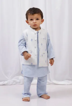 Set of 3: Blue striped Cotton Kurta & Pajama with Blue Floral Nehru Jacket