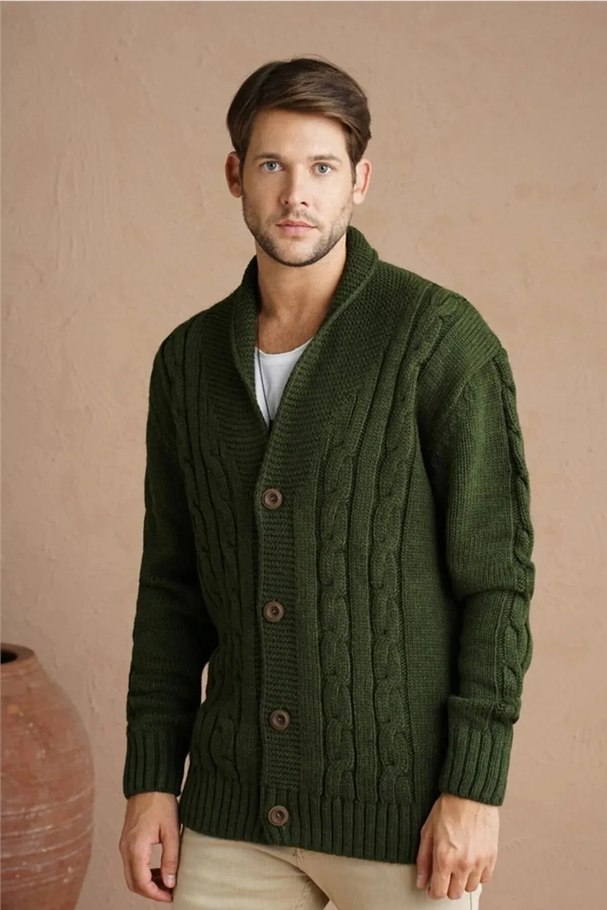 Traz Cool Men's Khaki Shawl Collar Hair Knitted Knitwear Small Size Cardigan