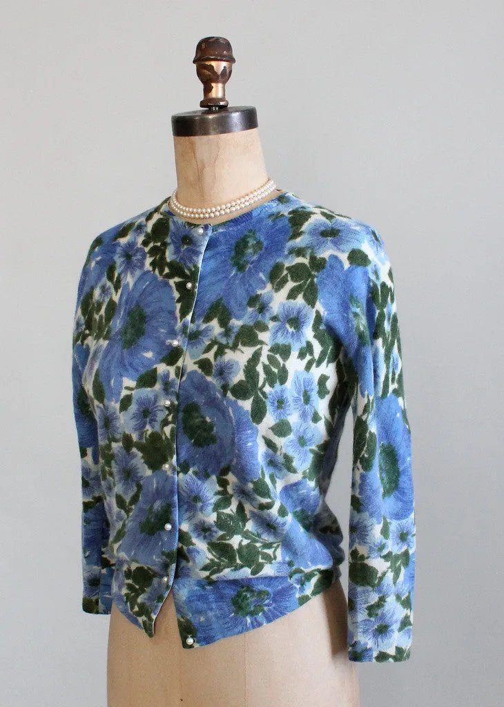 Vintage 1960s Blue Panies Floral Cardigan