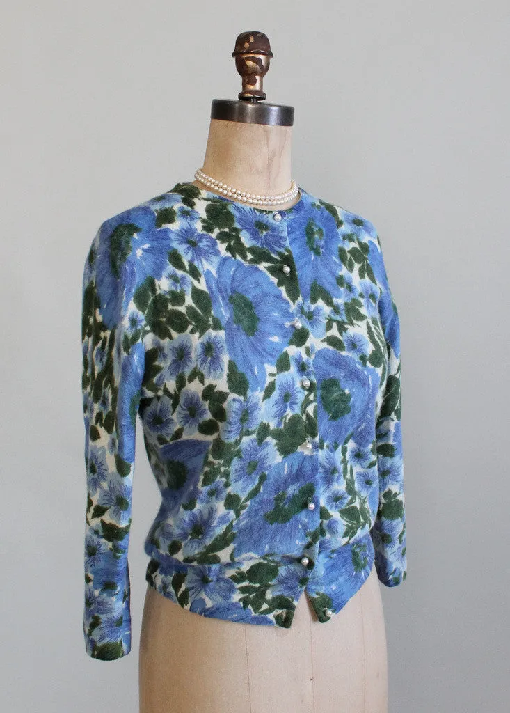 Vintage 1960s Blue Panies Floral Cardigan