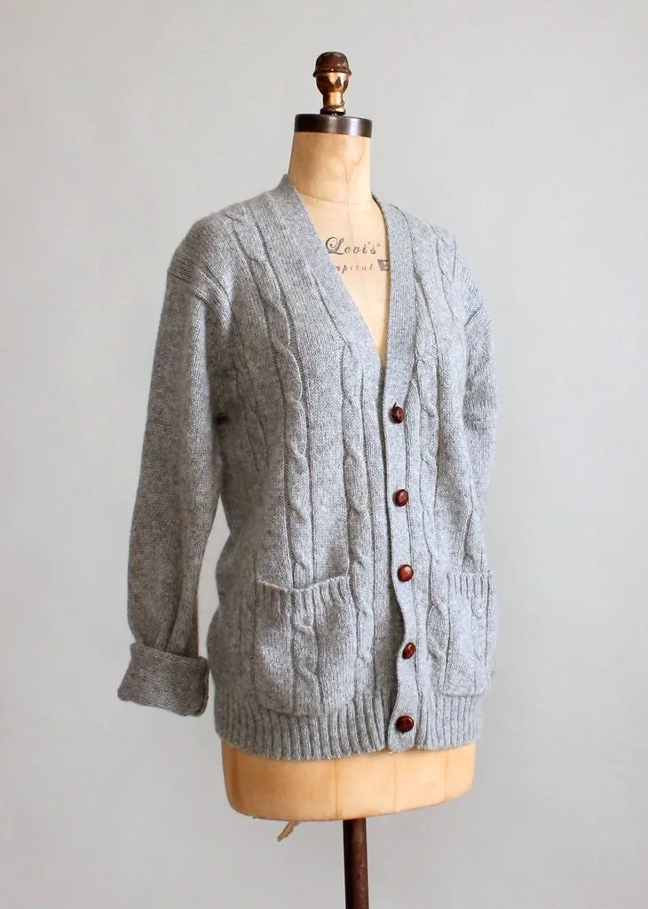 Vintage 1960s Grey Wool Cable Knit Boyfriend Cardigan