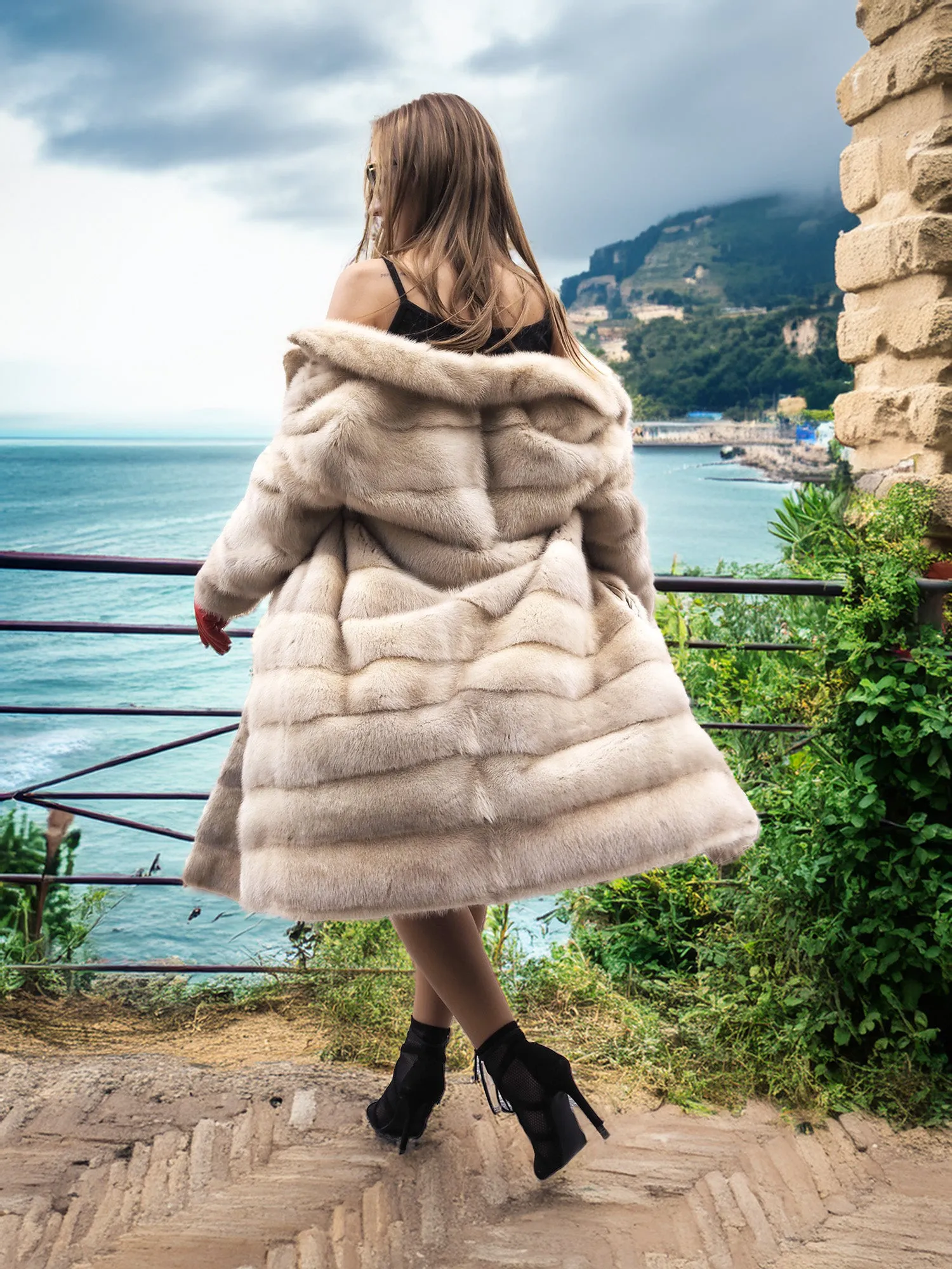 Vintage Beige Pearl Mink Fur Coat Horizontal Design S/M