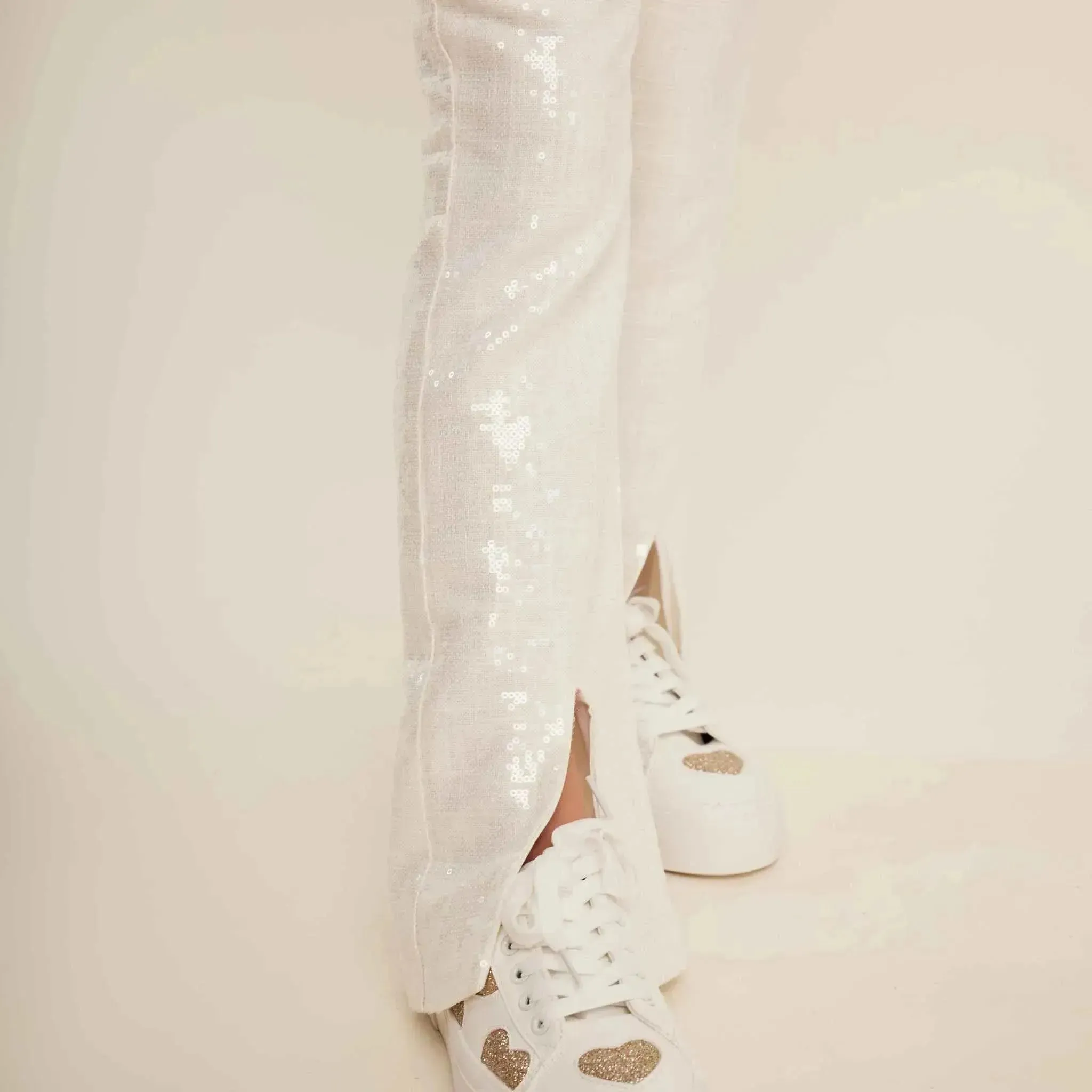 White Sequin Pants with Split Detail