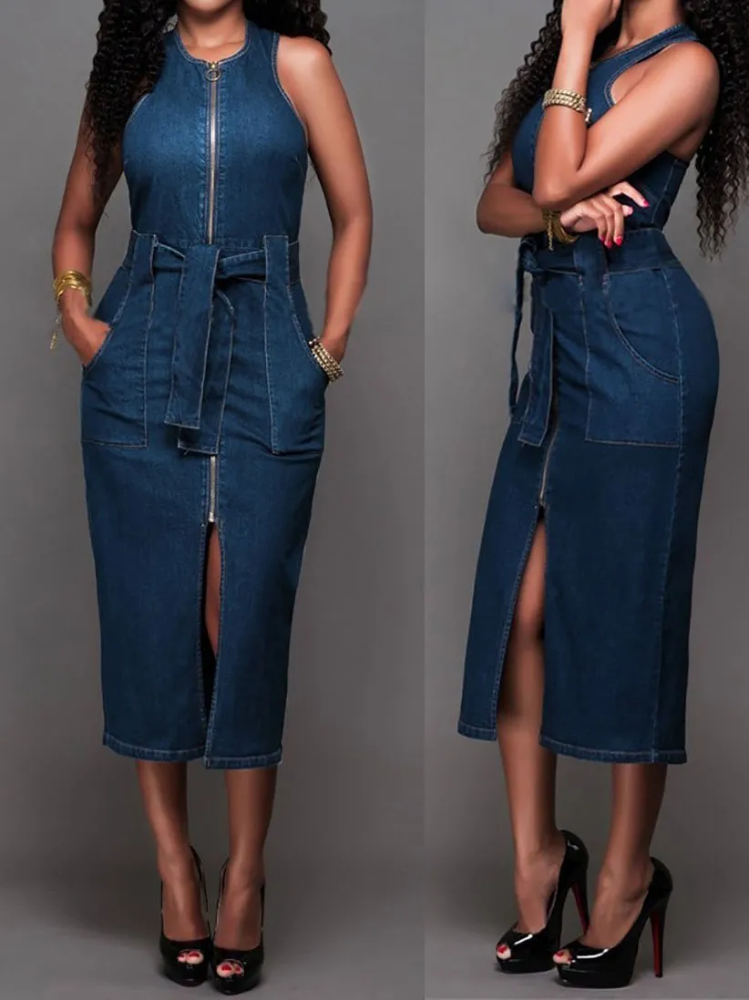 Women Elegant  Sleeveless Denim Jean Dress with Zipper Belt