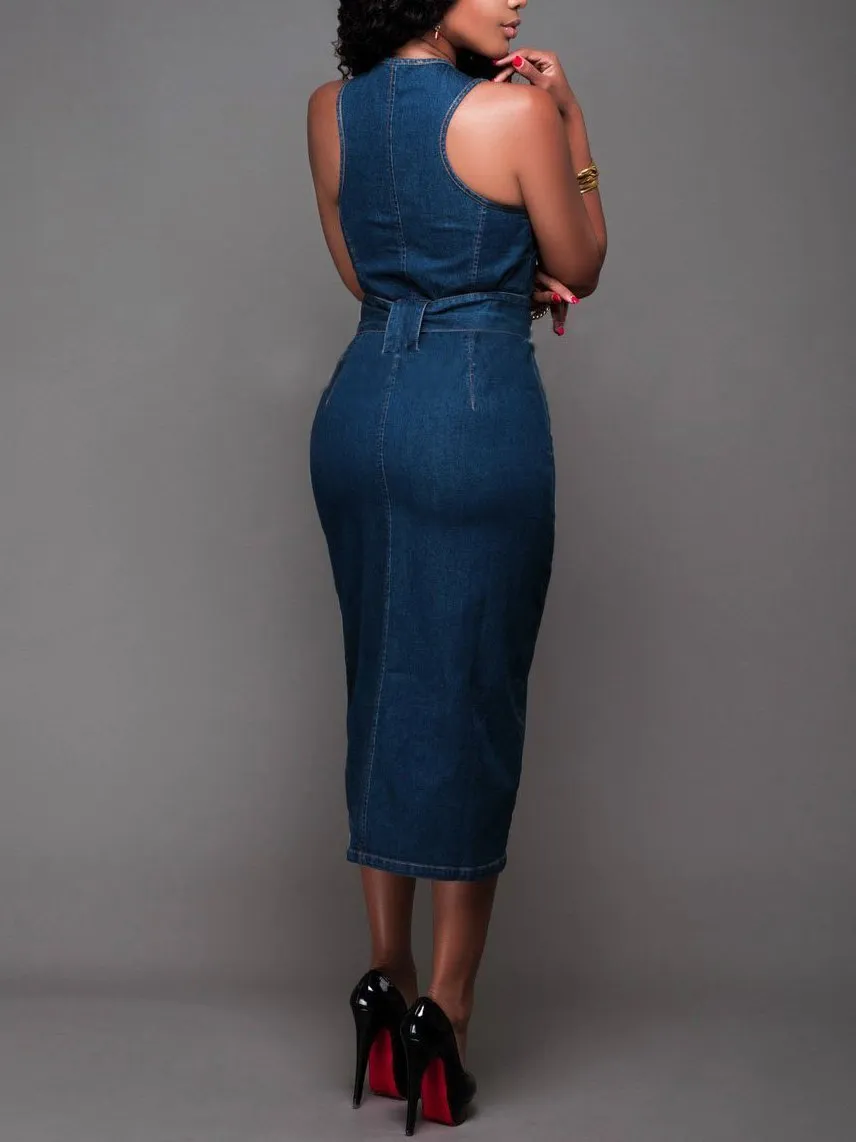 Women Elegant  Sleeveless Denim Jean Dress with Zipper Belt